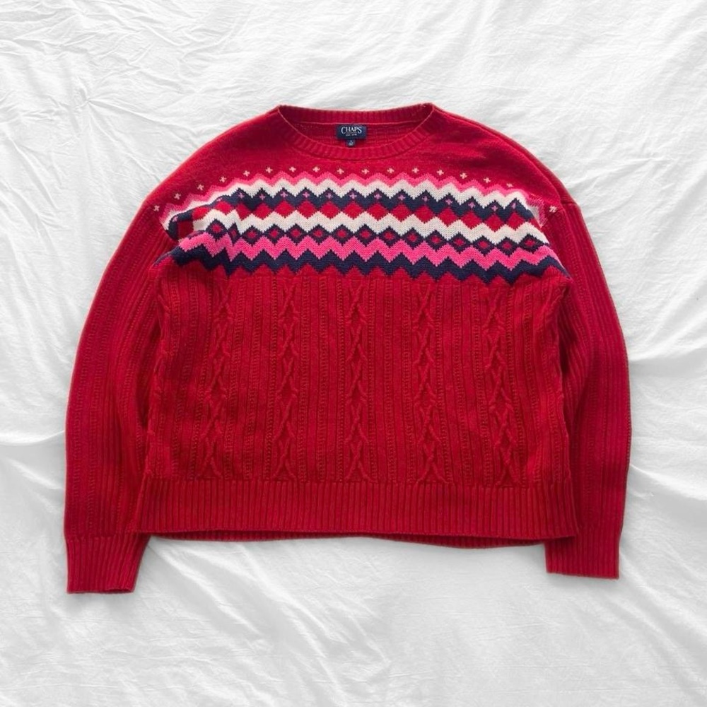 CHAPS Red Cable Knit Sweater Pink and Navy Details L